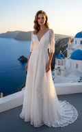 Elbow Sleeves V-neck Lace A-line Wedding Dress