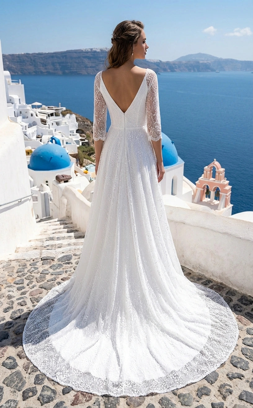 Elbow Sleeves V-neck Lace A-line Wedding Dress