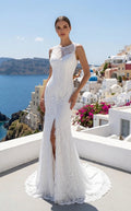 Illusion Neck Lace Sheath Wedding Dress with Slit
