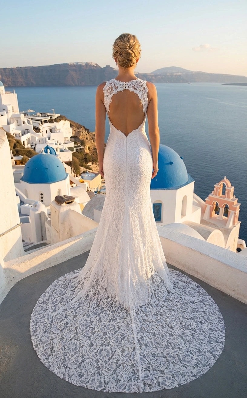Illusion Neck Lace Sheath Wedding Dress with Slit