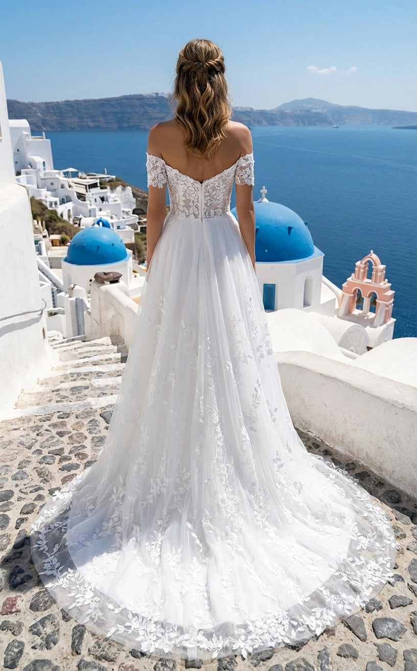 Off-the-shoulder Short Sleeves Lace Princess Wedding Dress