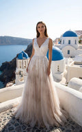 Boho V-neck Sleeveless Lace and Tulle A-line Wedding Dress