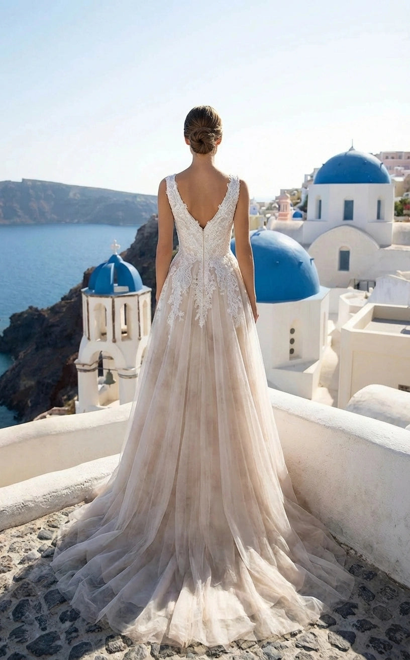 Boho V-neck Sleeveless Lace and Tulle A-line Wedding Dress