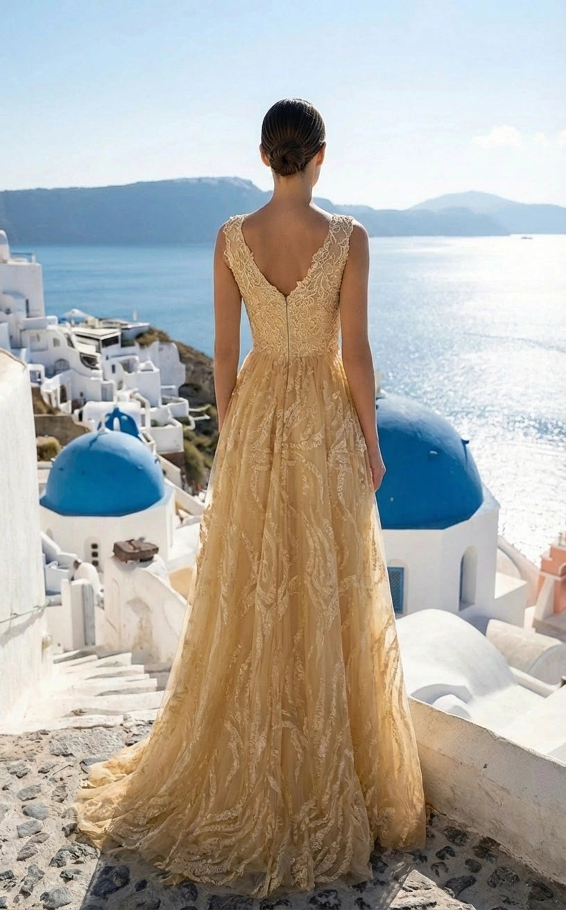 Illusion Plunging Neckline Sleeveless A-line Lace Wedding Dress