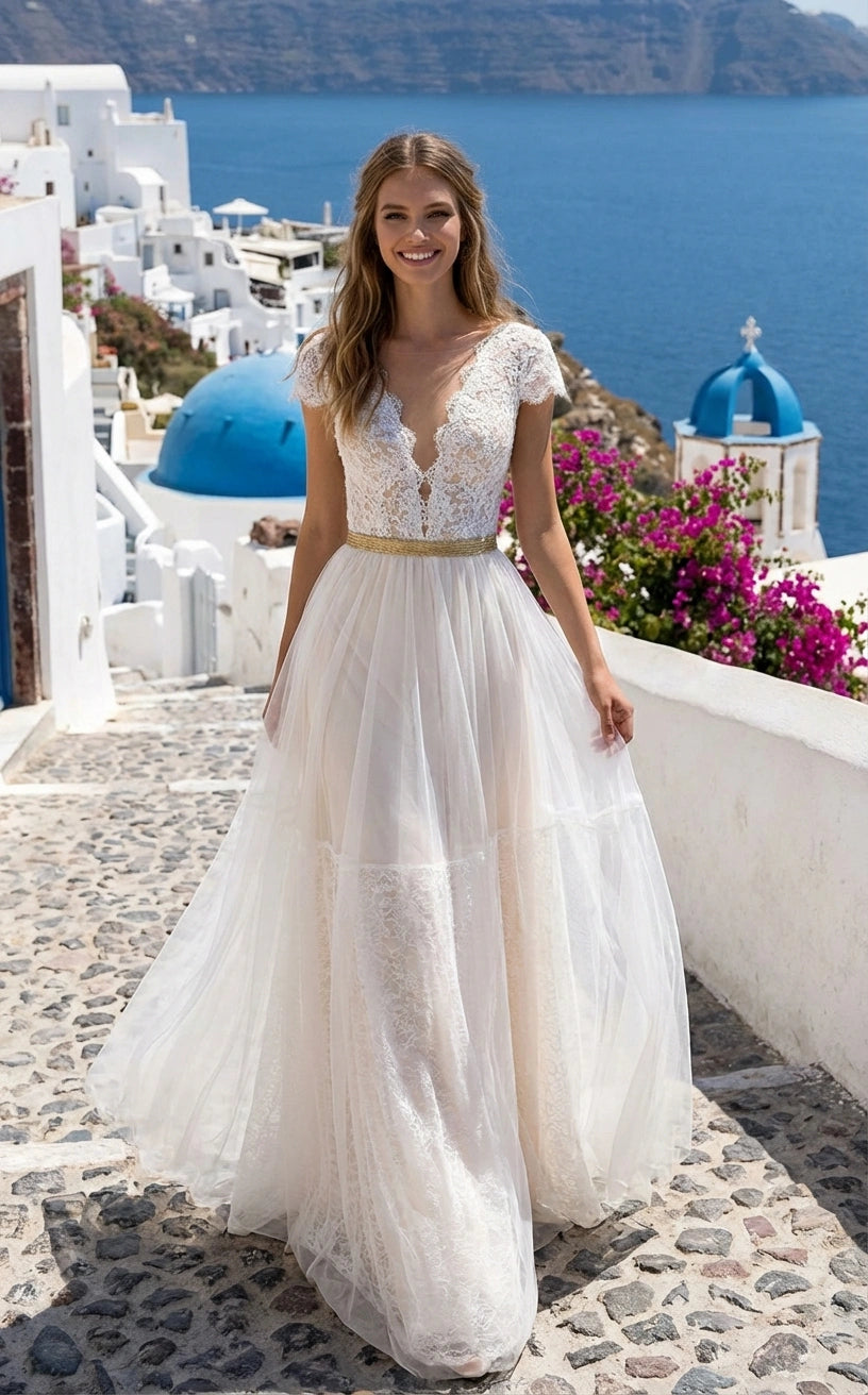 Illusion Plunging Neckline Short Sleeves A-line Lace and Tulle Wedding Dress