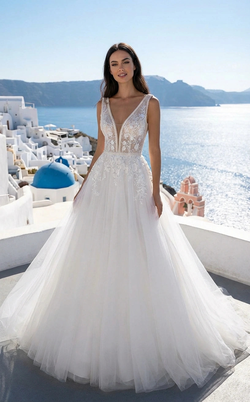 Sleeveless Illusion Plunging Neck Lace and Tulle Princess Wedding Dress