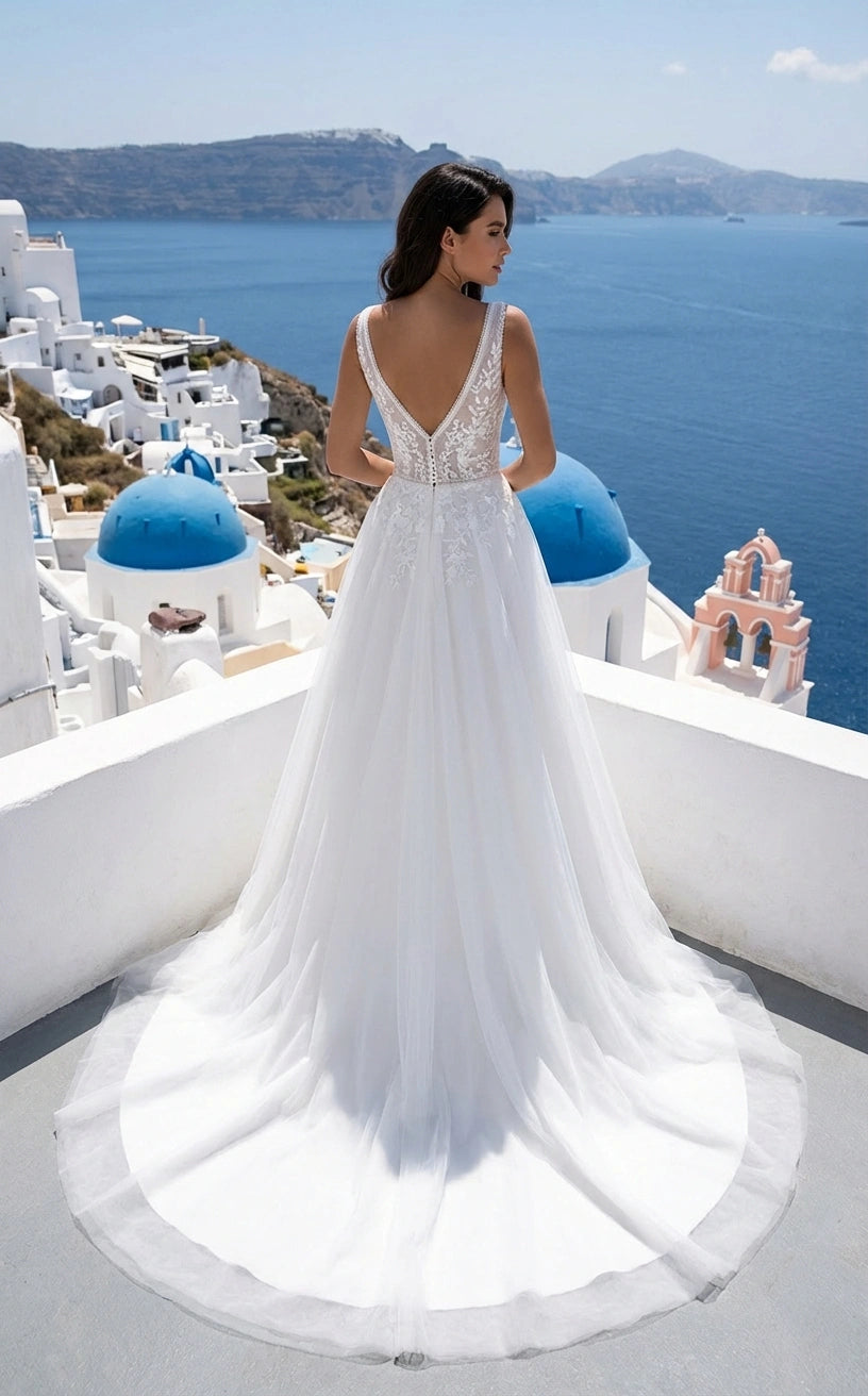 Sleeveless Illusion Plunging Neck Lace and Tulle Princess Wedding Dress