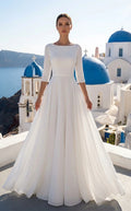 Simple 3/4 Sleeves Bateau Neckline A-line Chiffon Wedding Dress