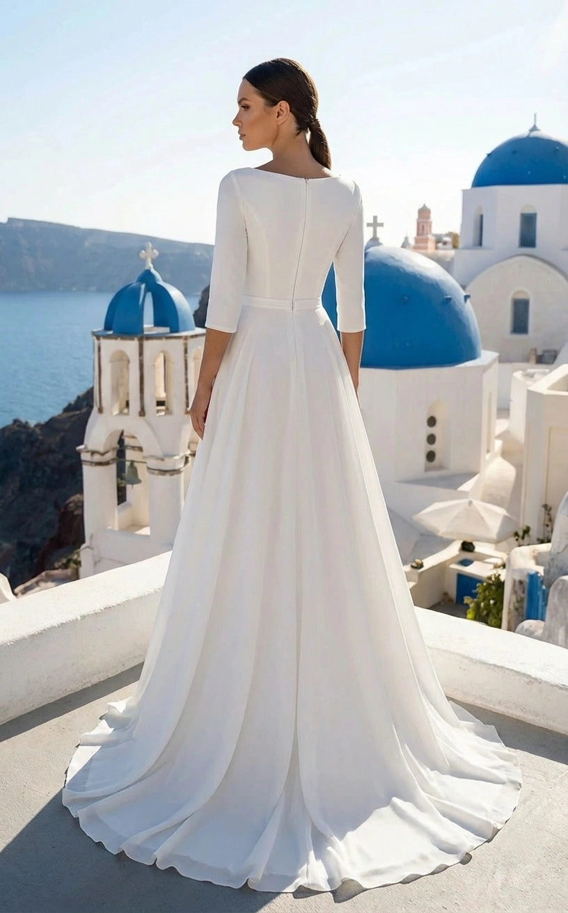 Simple 3/4 Sleeves Bateau Neckline A-line Chiffon Wedding Dress