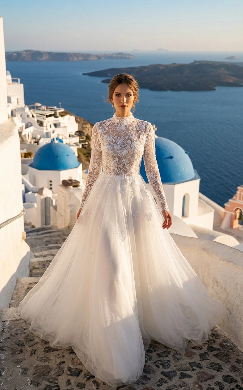 High Neck Long Sleeves Lace and Tulle Princess Wedding Dress