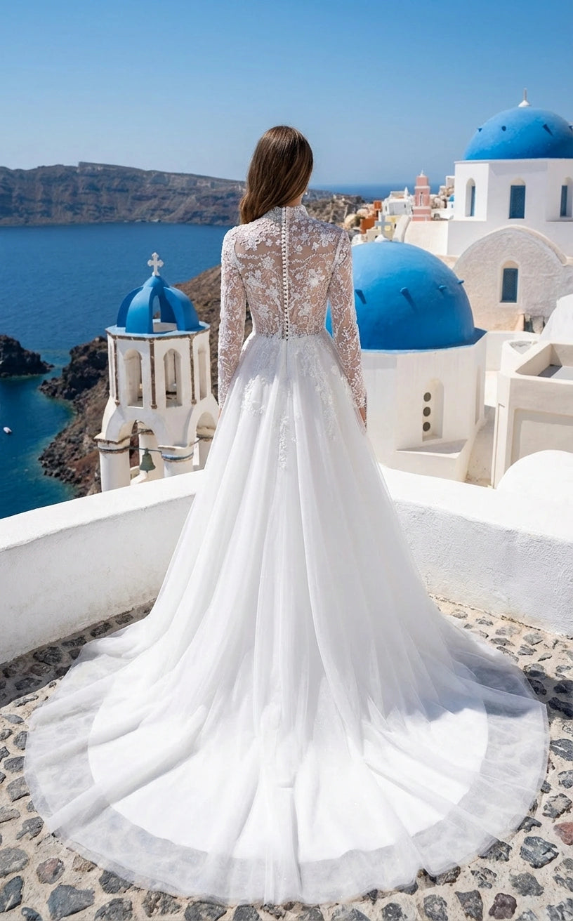 High Neck Long Sleeves Lace and Tulle Princess Wedding Dress