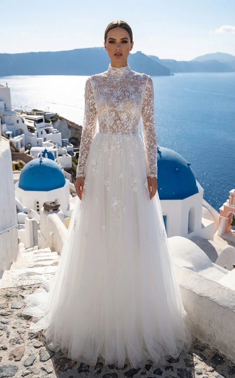 High Neck Long Sleeves Lace and Tulle Princess Wedding Dress