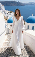 Long Sleeves V-neck Pleated Bodice with Buttons A-line Chiffon Wedding Dress
