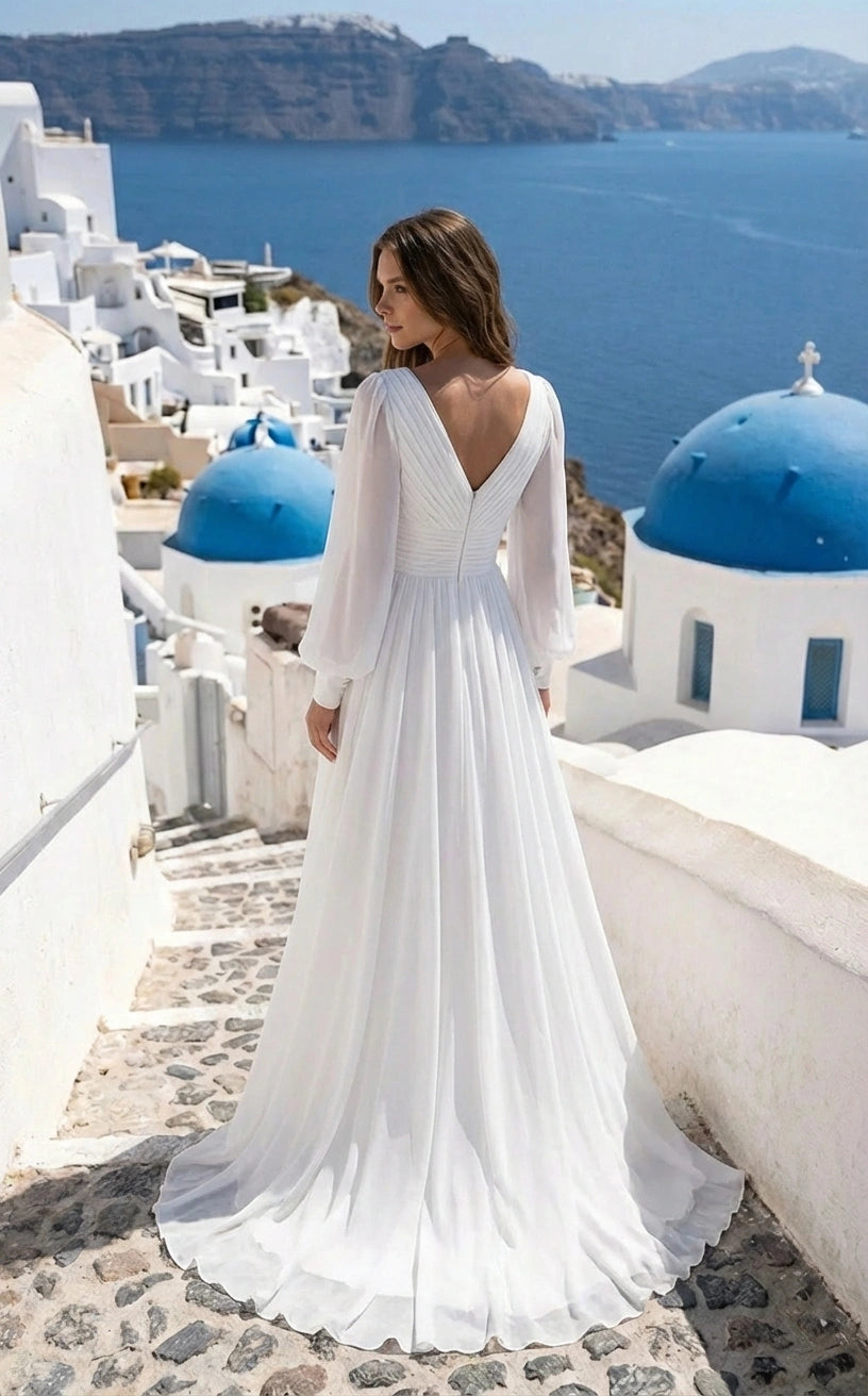Long Sleeves V-neck Pleated Bodice with Buttons A-line Chiffon Wedding Dress