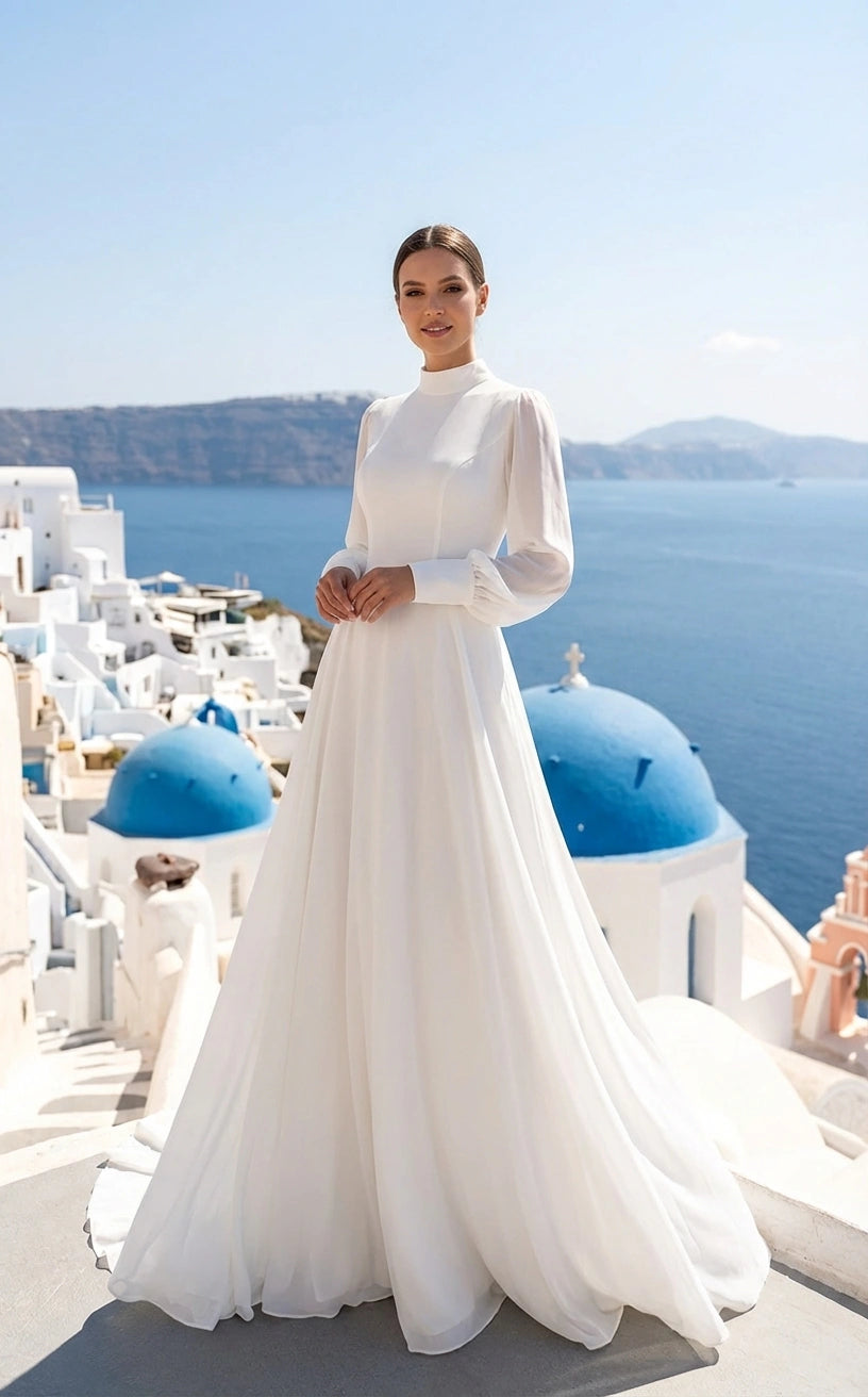 Modest High Neck Long Sleeves Chiffon A-line Wedding Dress