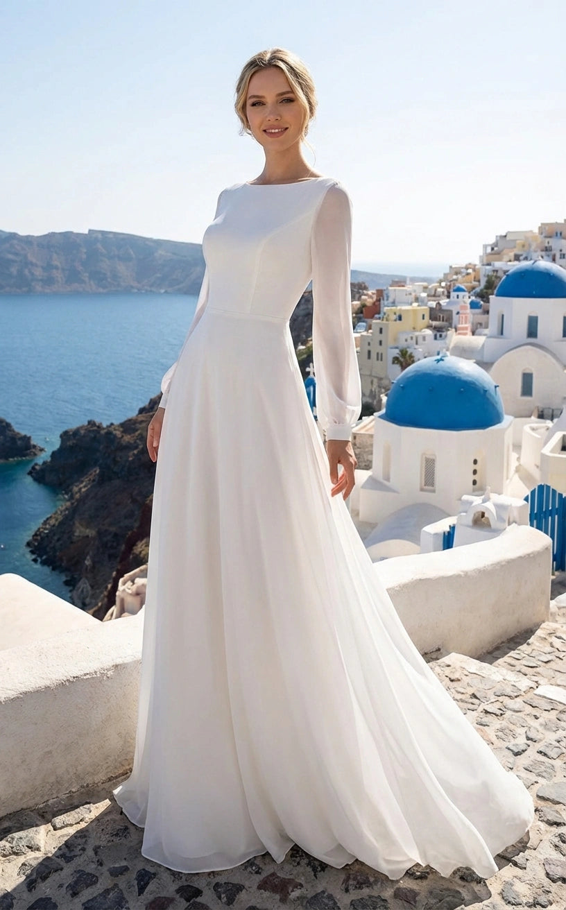 Minimalist Long Sleeves Bateau A-line Chiffon Wedding Dress