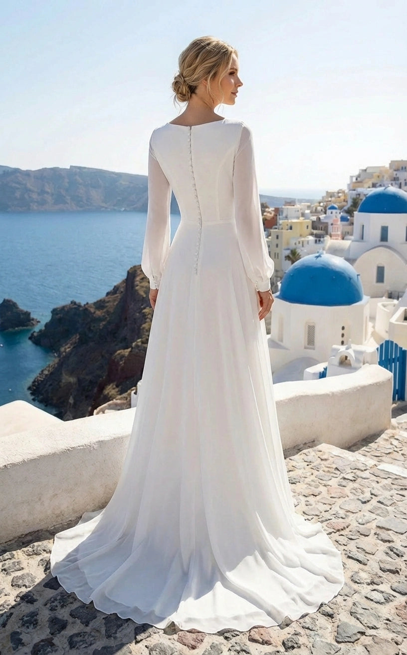 Minimalist Long Sleeves Bateau A-line Chiffon Wedding Dress Ms. Grace Minimalist Long Sleeves Bateau A-line Chiffon Wedding Dress Ms. Grace