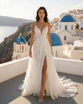 Spaghetti Straps V-neck A-line Lace Wedding Dress with Slit