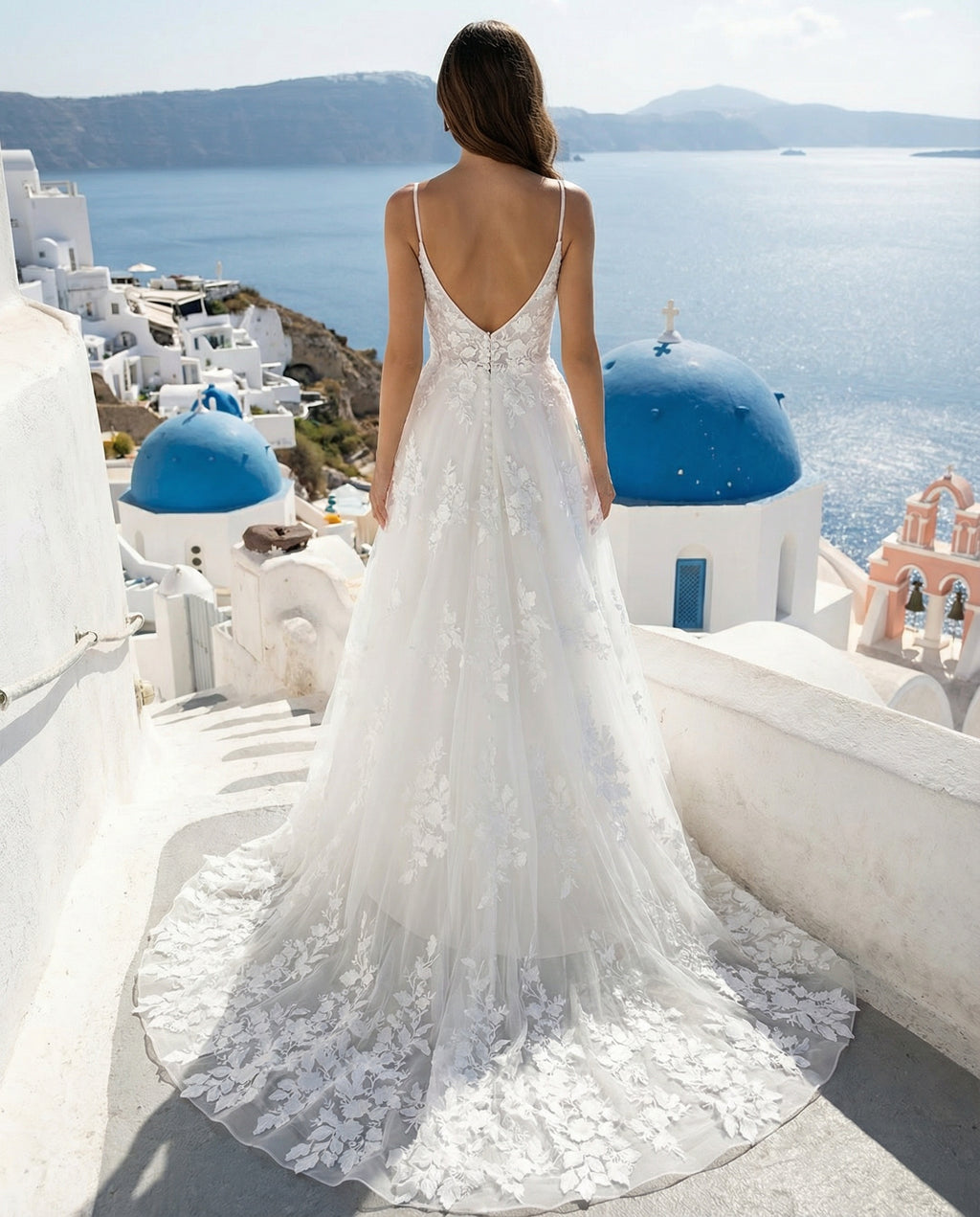 Spaghetti Straps V-neck A-line Lace Wedding Dress with Slit