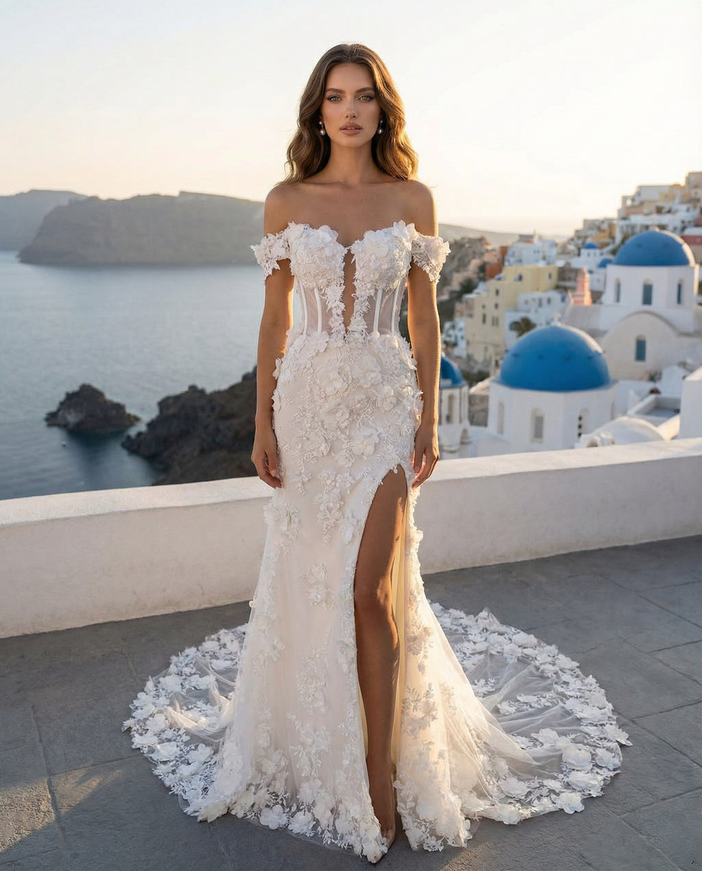 Off-the-shoulder Floral Sheath Wedding Dress with Slit