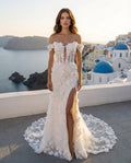 Off-the-shoulder Floral Sheath Wedding Dress with Slit
