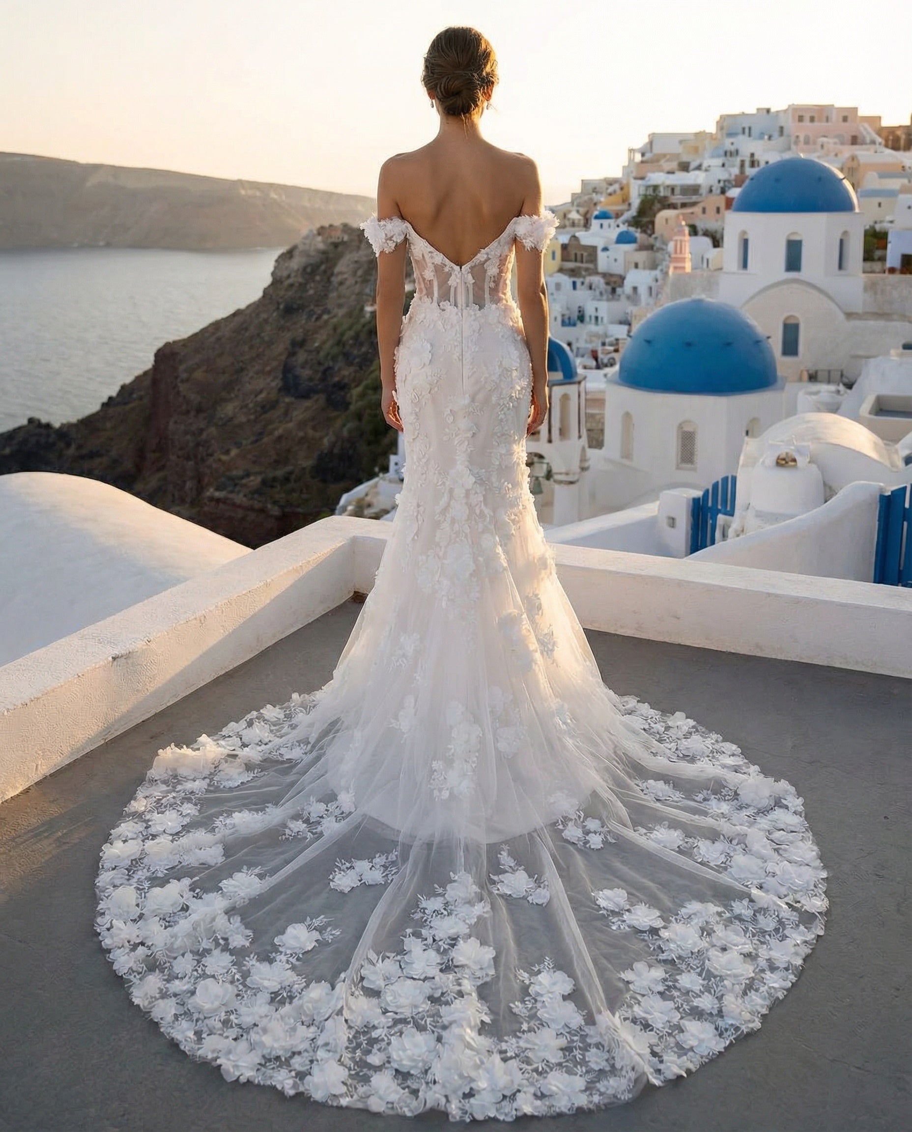 Off-the-shoulder Floral Sheath Wedding Dress with Slit