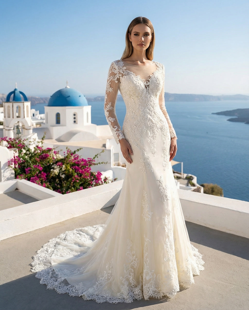 Long Sleeves Illusion Neckline Sheath Lace Wedding Dress
