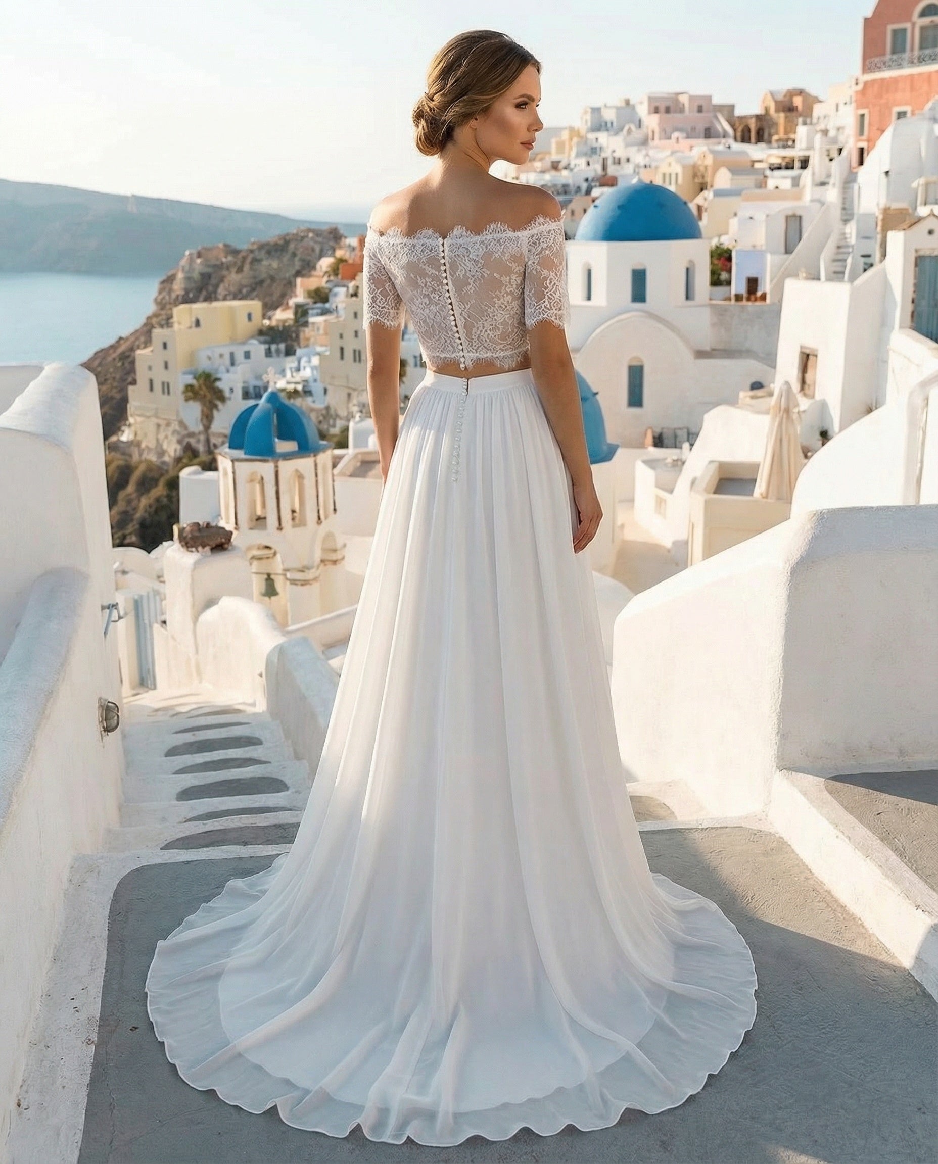 Two Piece Off-the-shoulder Lace and Chiffon A-line Wedding Dress