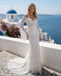 Sheer Shoulders V-neck Lace Long Bell Sleeves Sheath Wedding Dress