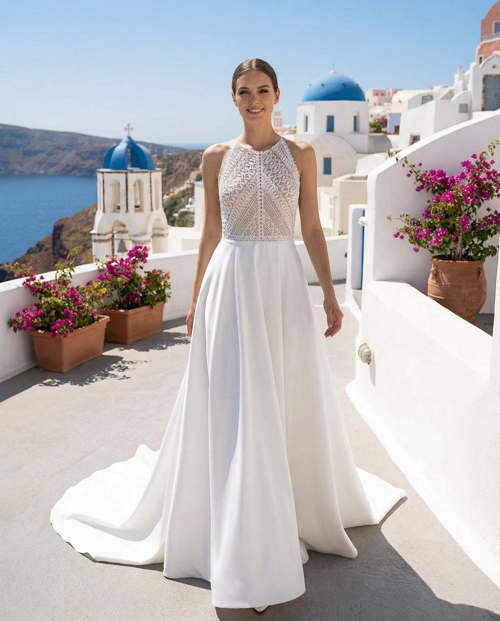 Boho Halter Neck Lace Bodice Satin Skirt A-line Bridal Gown