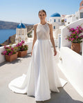 Boho Halter Neck Lace Bodice Satin Skirt A-line Bridal Gown