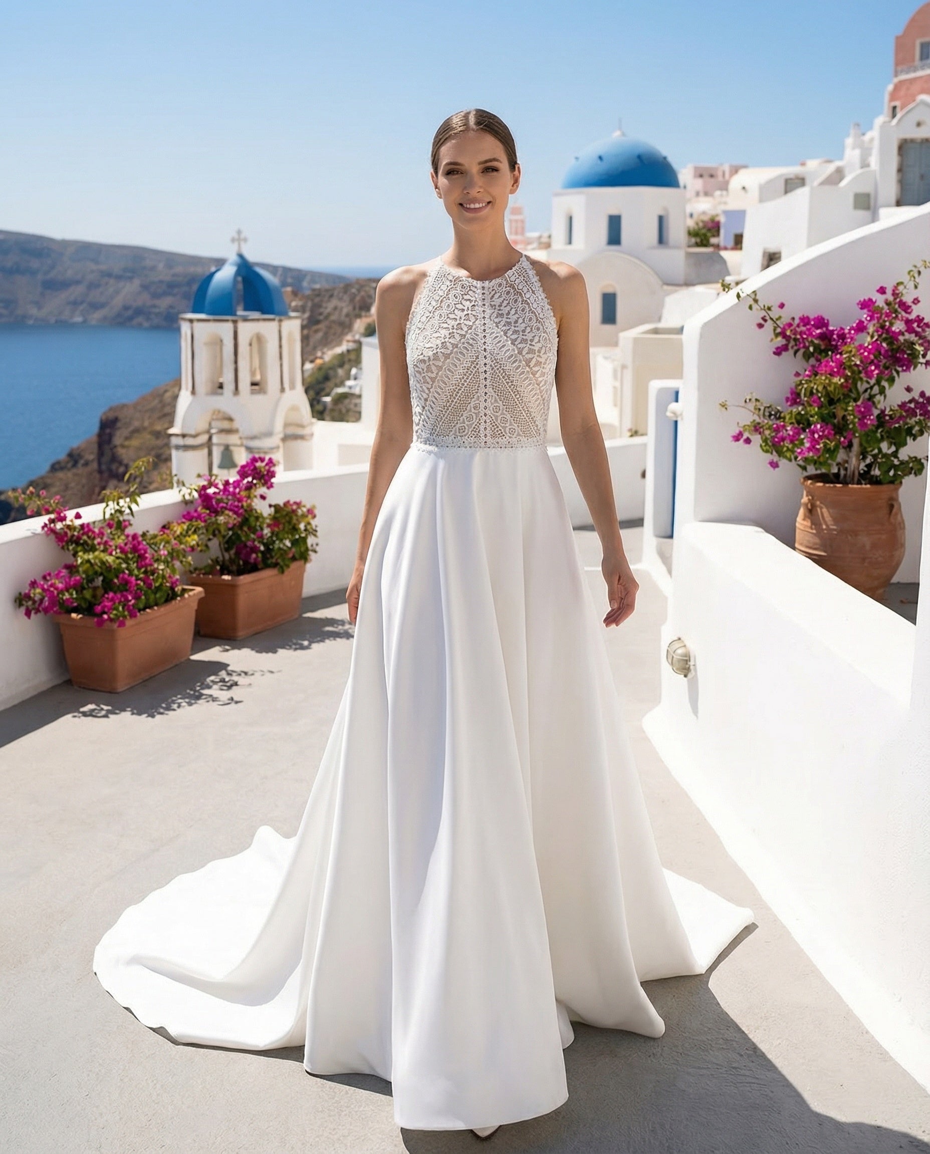 Boho Halter Neck Lace Bodice Satin Skirt A-line Bridal Gown