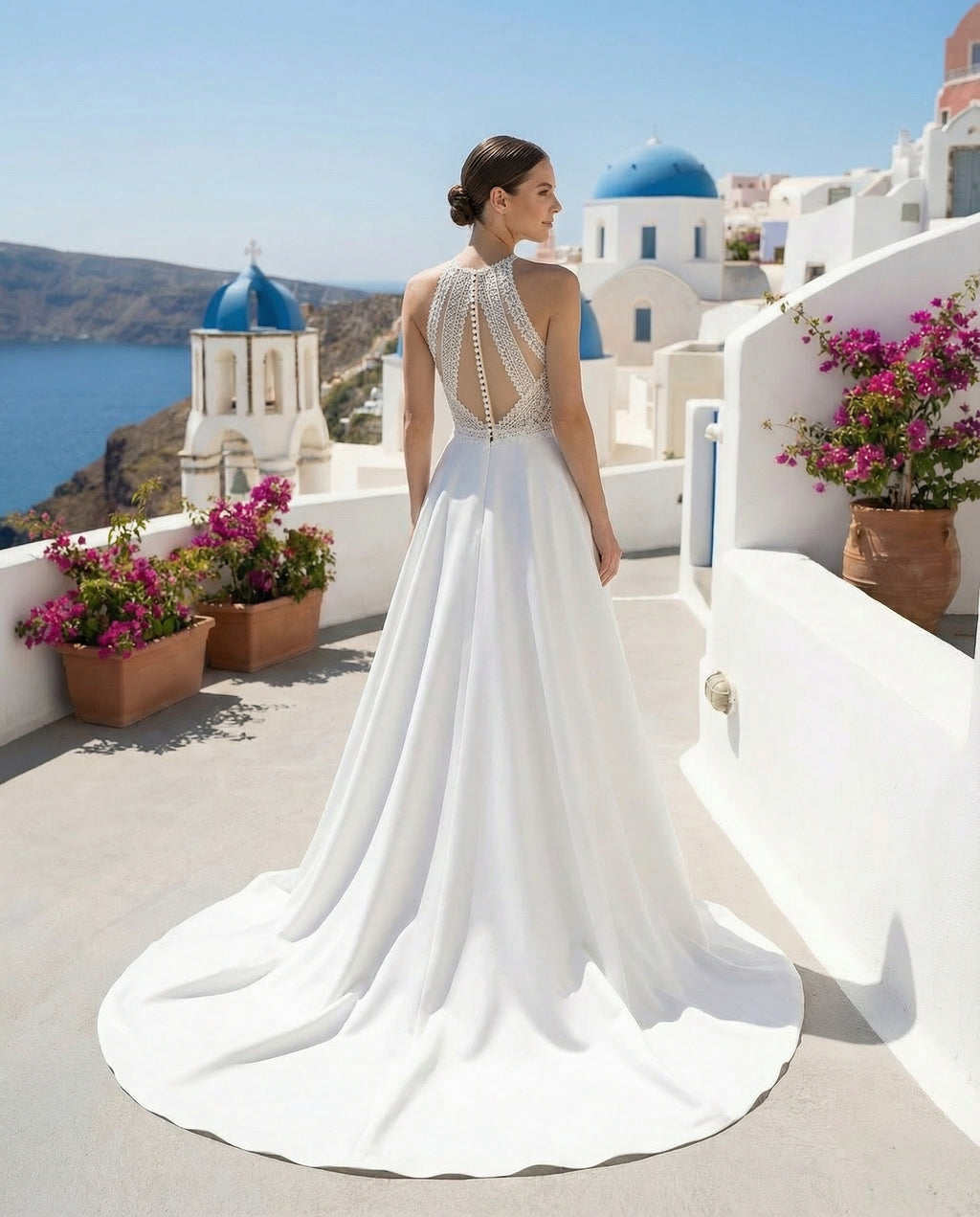 Boho Halter Neck Lace Bodice Satin Skirt A-line Bridal Gown