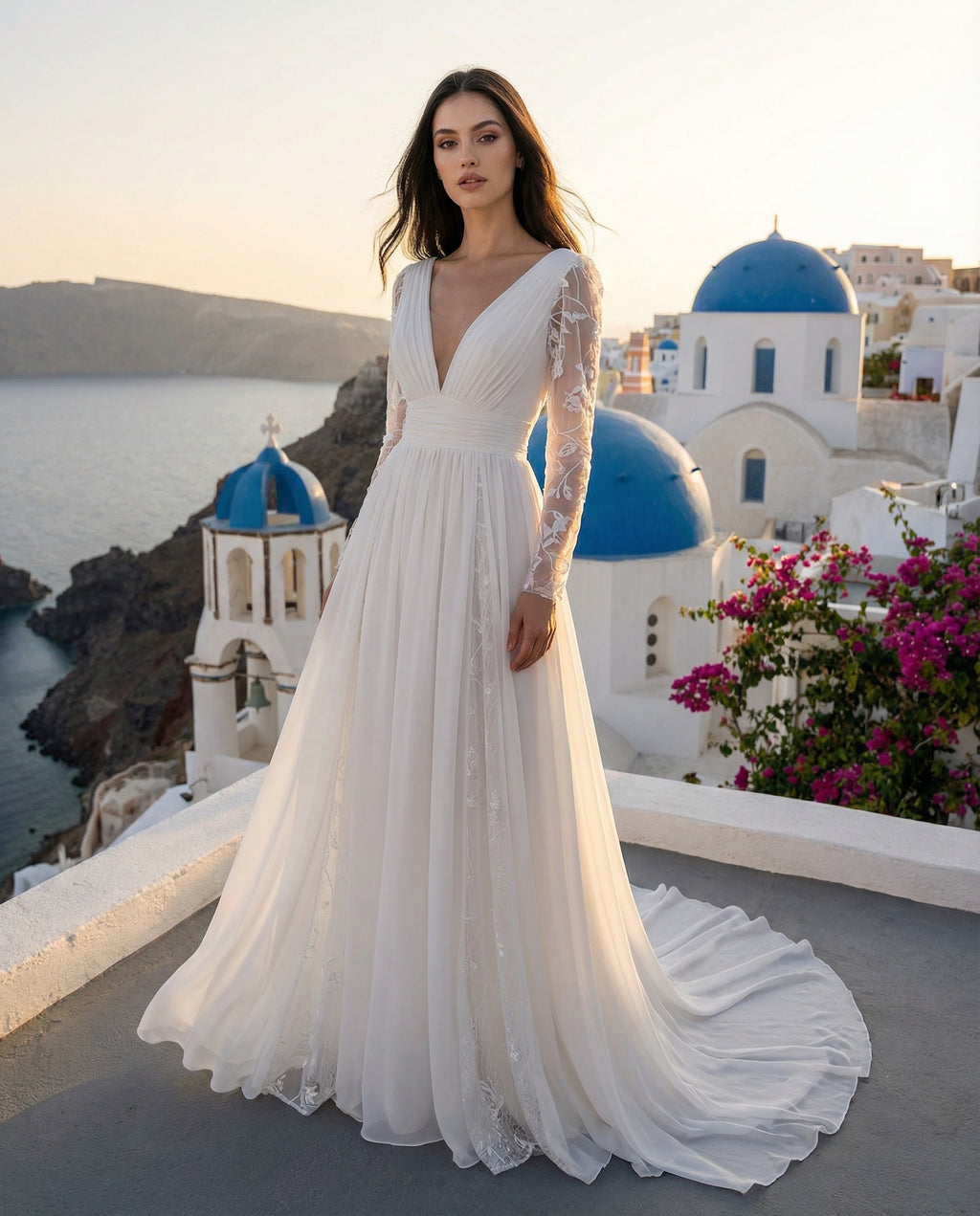 Long Lace Sleeves V-neck Pleated Waist Chiffon A-line Wedding Dress