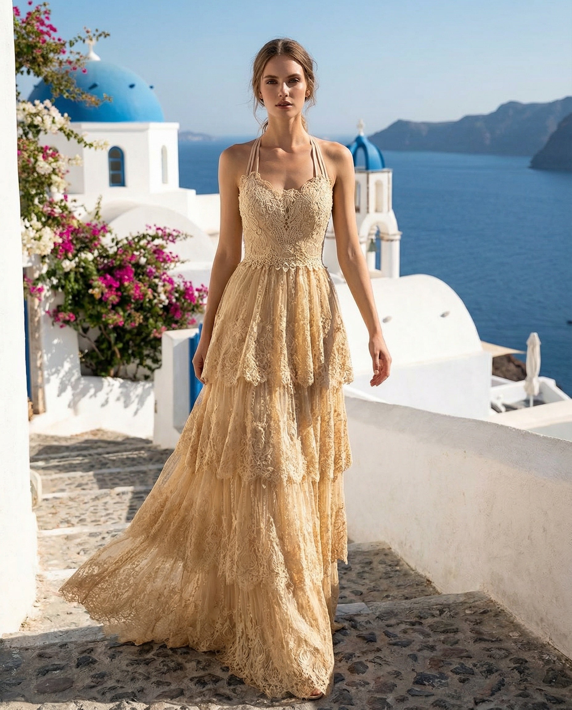 Boho Halter Neck Lace Wedding Dress with Tiered Skirt – Ms. Grace