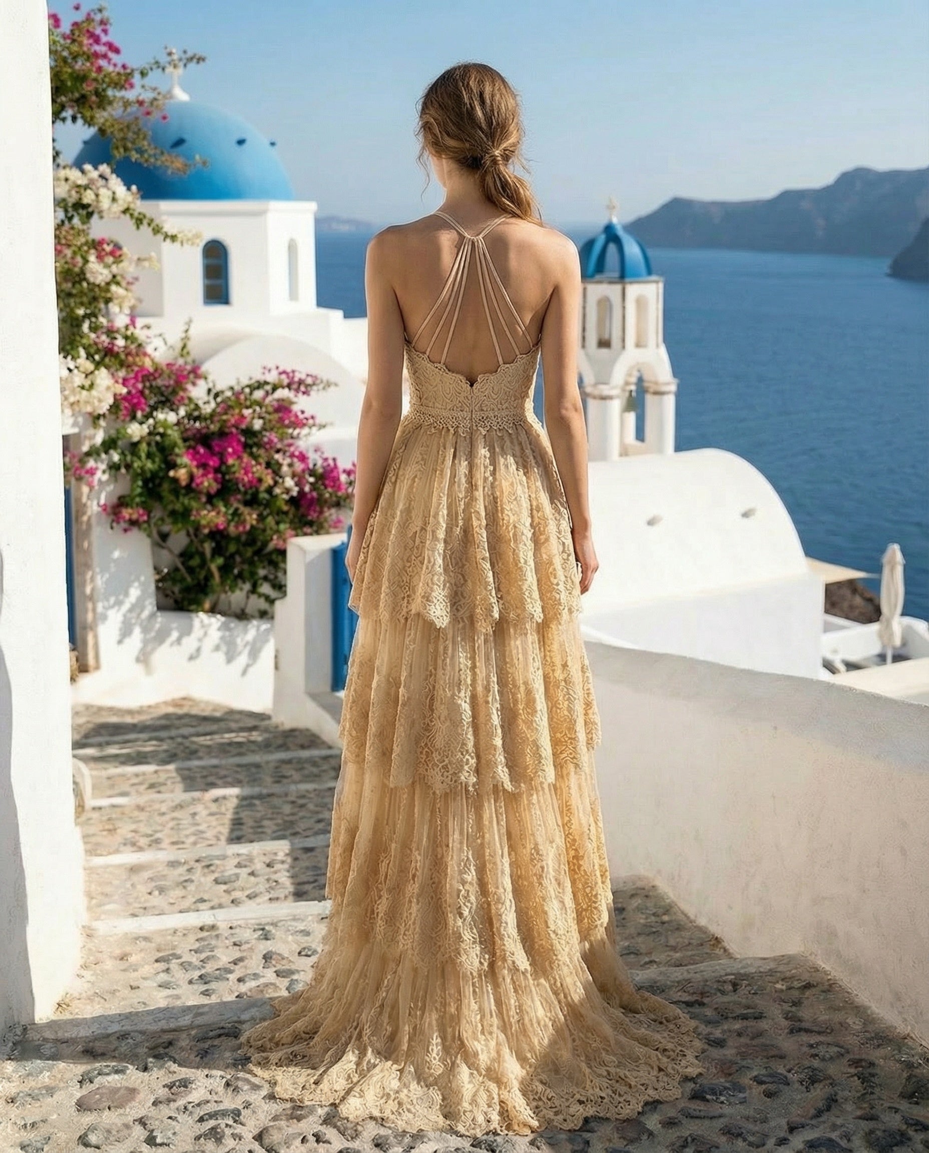 Boho Halter Neck Lace Wedding Dress with Tiered Skirt