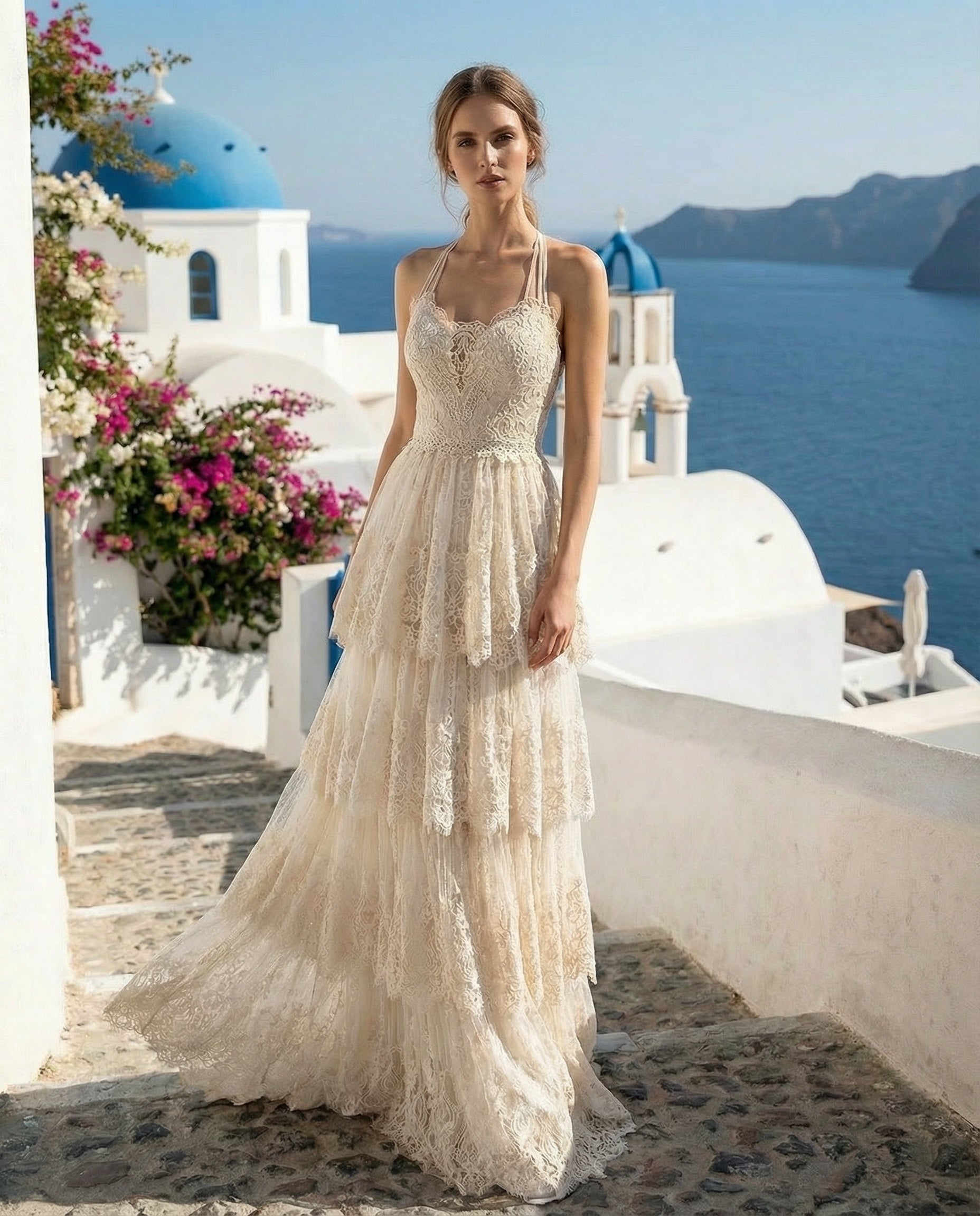 Boho Halter Neck Lace Wedding Dress with Tiered Skirt