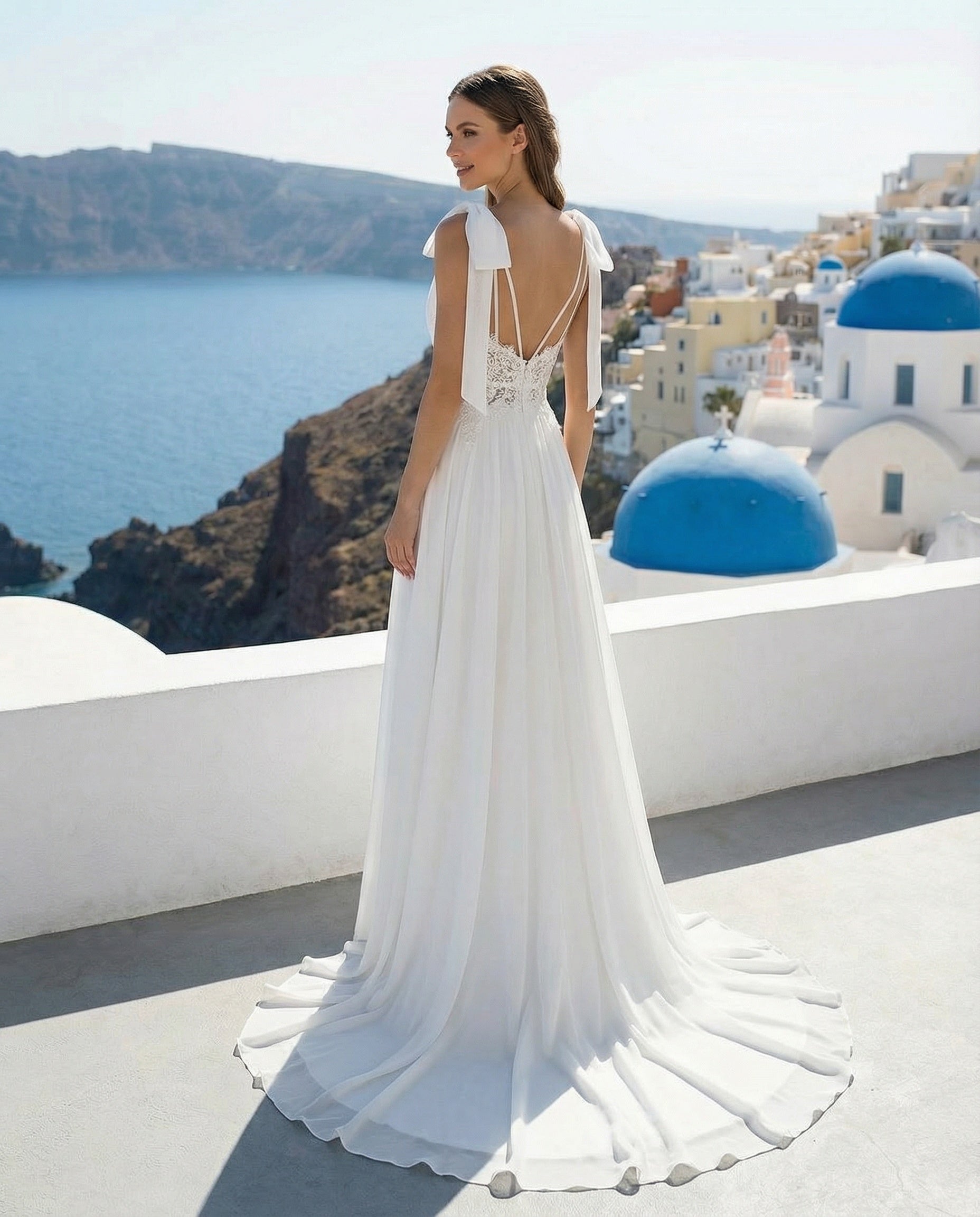 V-neck A-line Chiffon Wedding Dress with Bow on Shoulder