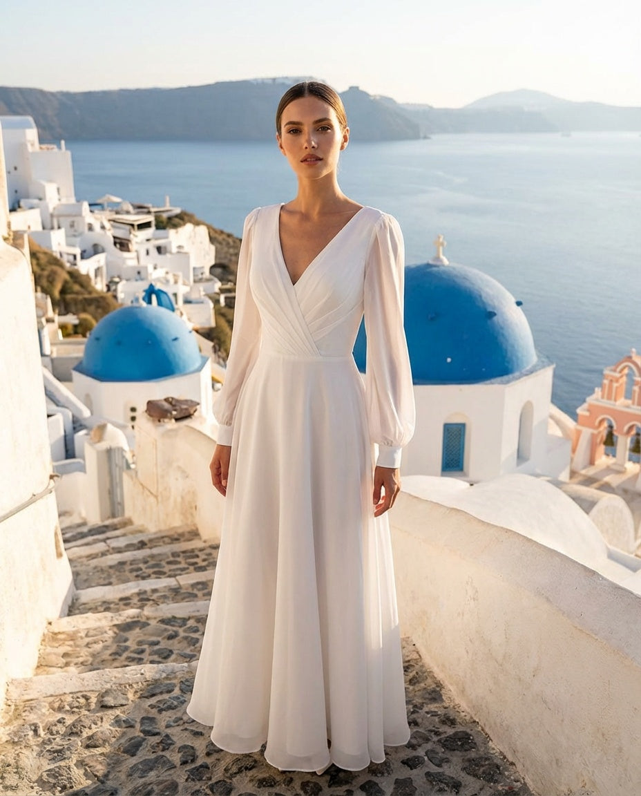 V-neck Long Bishop Sleeves Chiffon A-line Wedding Dress