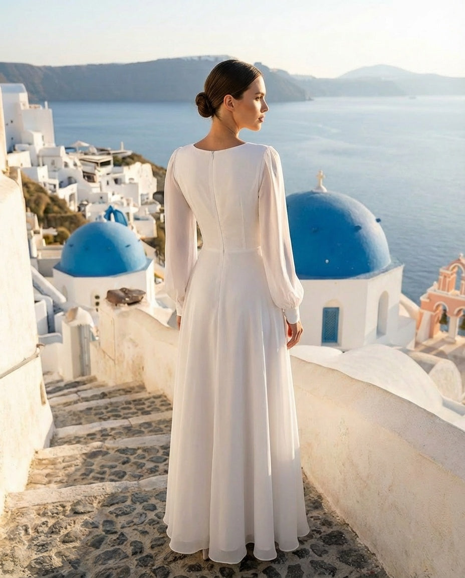 V-neck Long Bishop Sleeves Chiffon A-line Wedding Dress