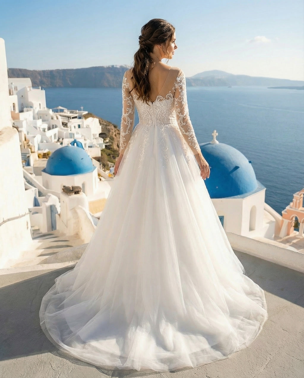 Illusion Neck Long Sleeves Lace and Tulle Princess Bridal Gown