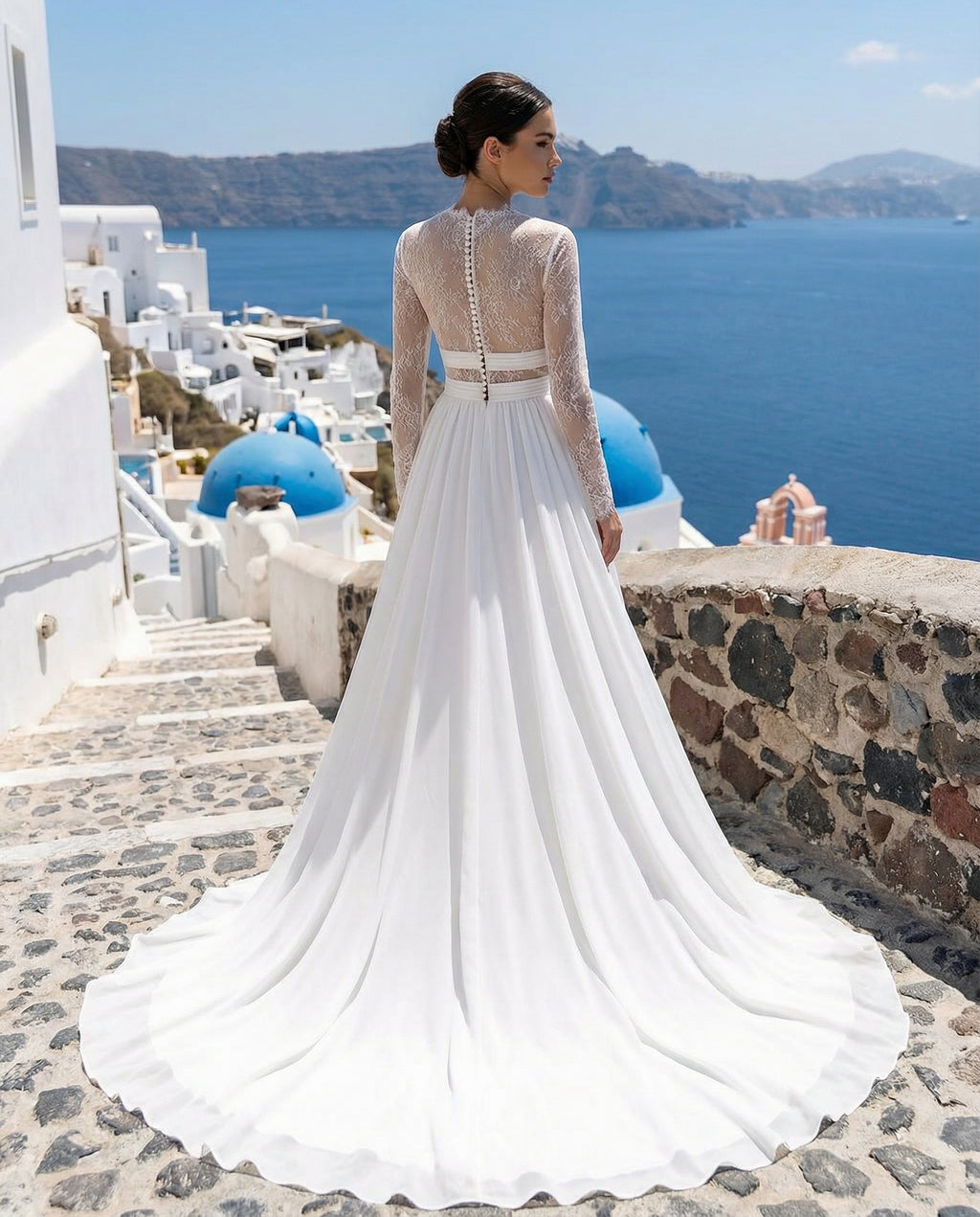 Boho Lace Long Sleeves A-line Chiffon Wedding Dress