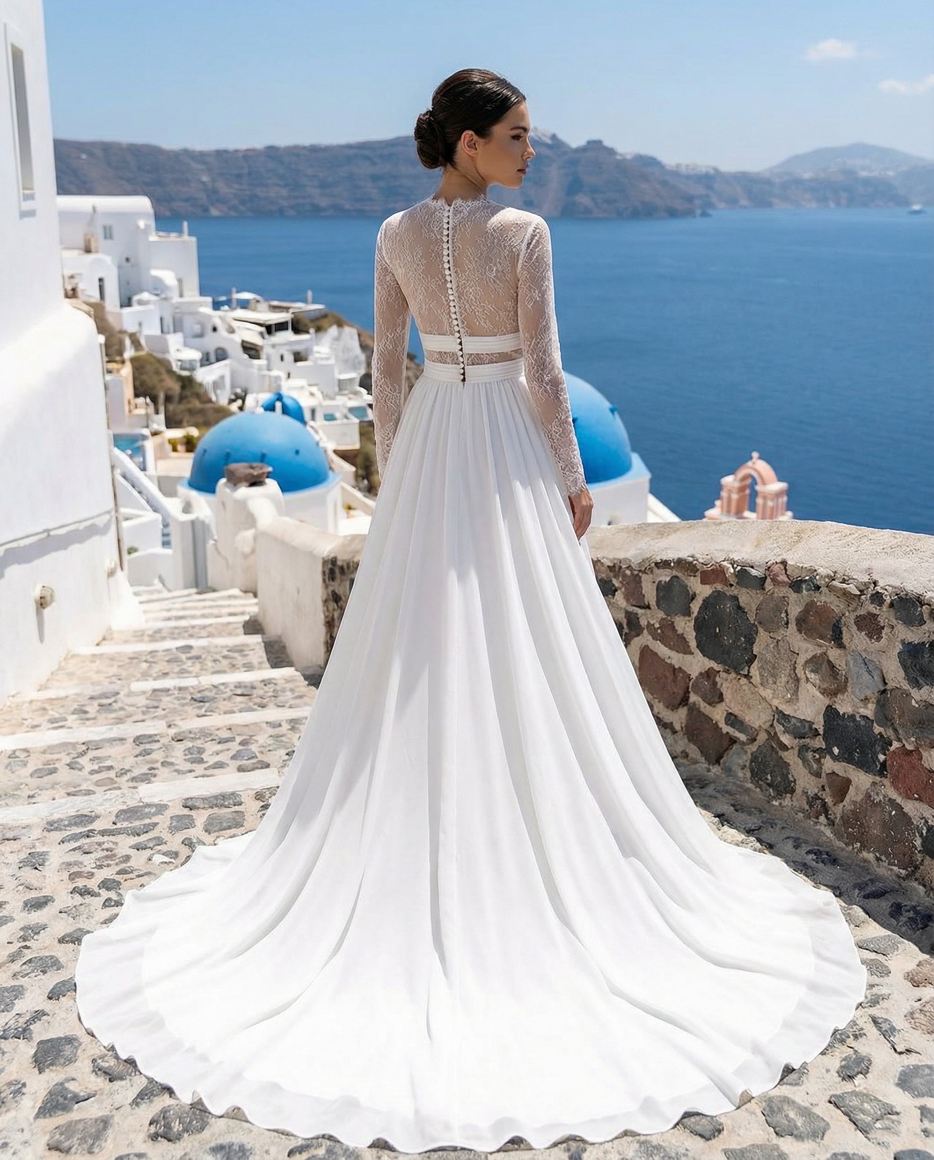 Boho Lace Long Sleeves A-line Chiffon Wedding Dress