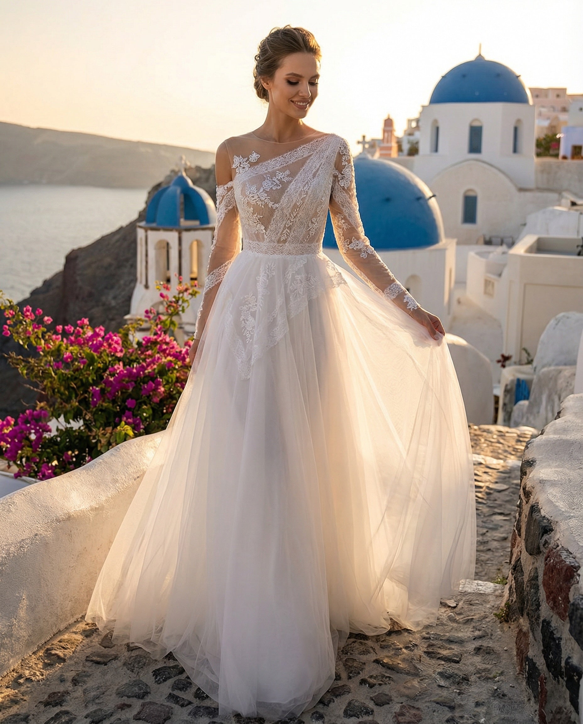 Bohemian Long Sleeves Lace and Tulle A-line Wedding Dress