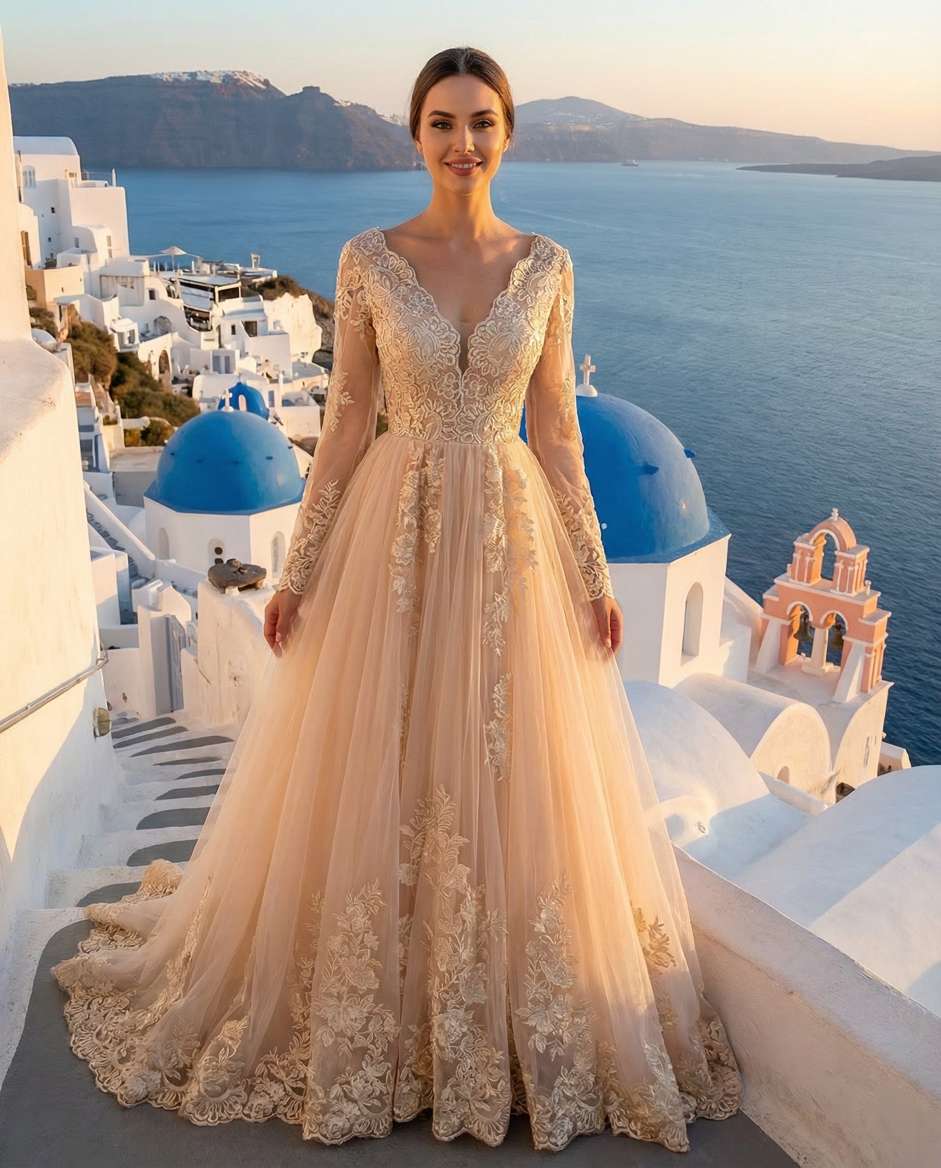 Long Bell Sleeves V-neck A-line Wedding Dress