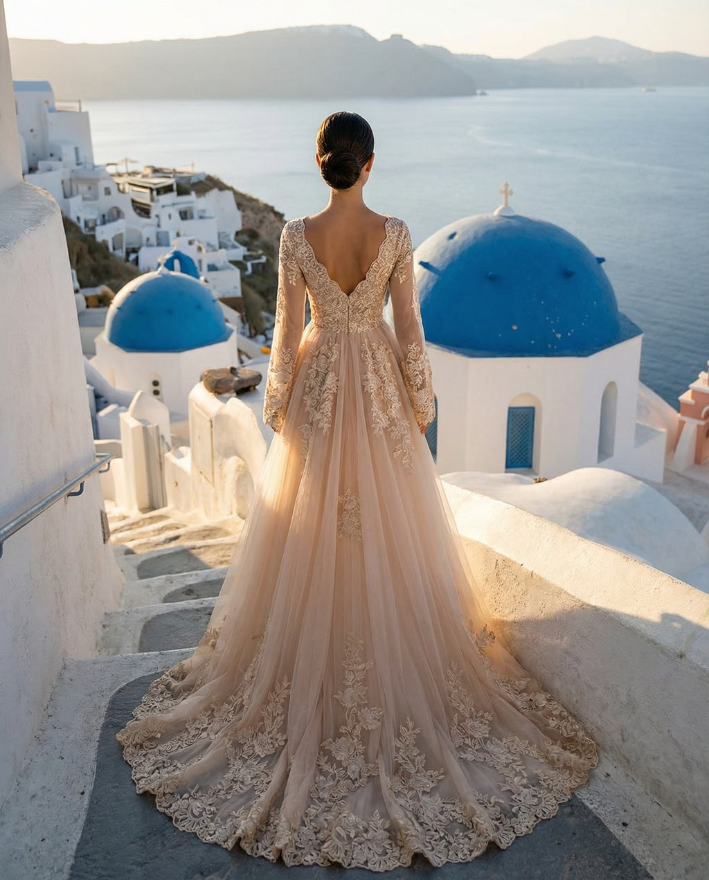 Long Bell Sleeves V-neck A-line Wedding Dress