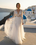 Bohemian Long Sleeve V-neck Lace and Tulle A-line Wedding Dress
