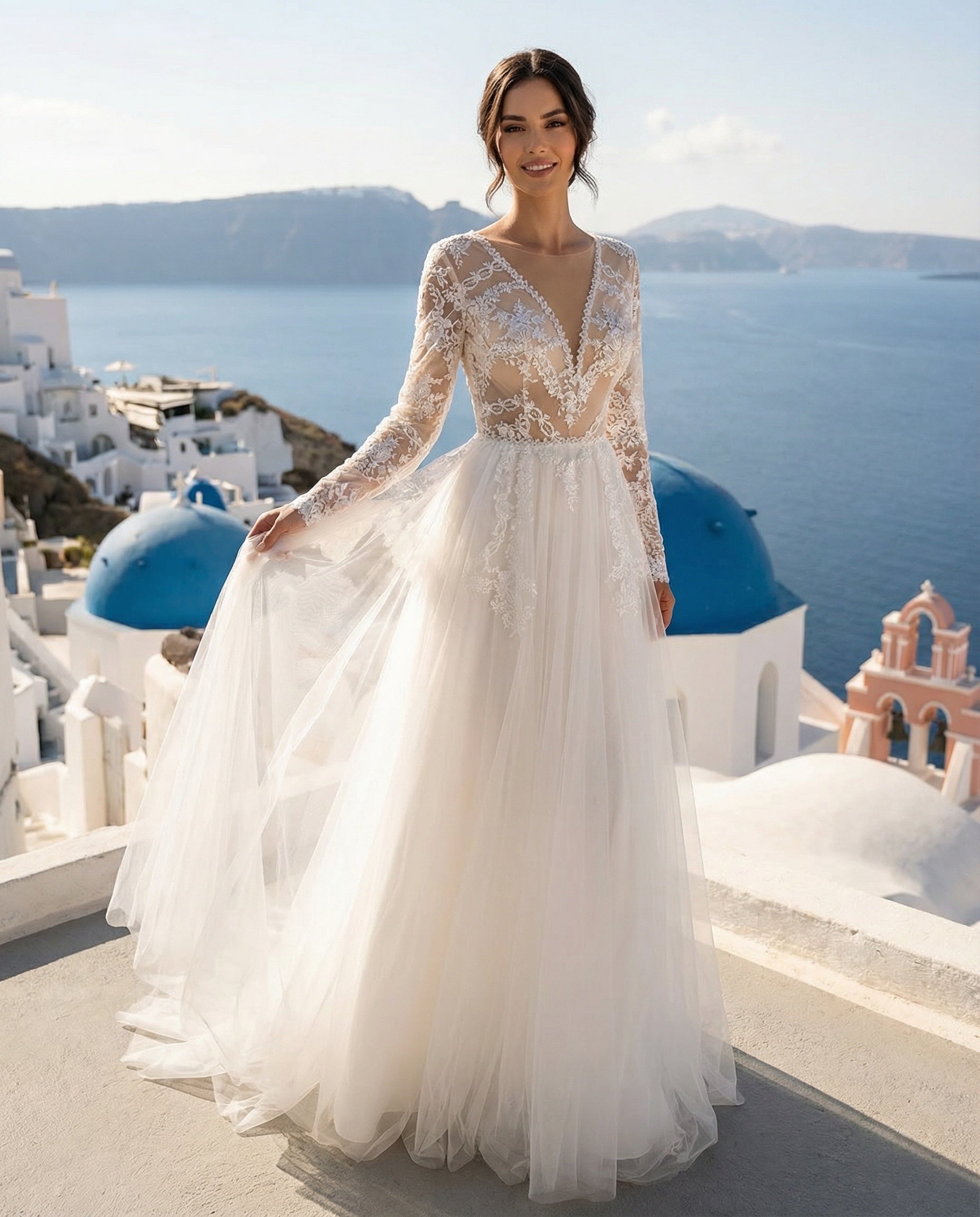 Bohemian Long Sleeve V-neck Lace and Tulle A-line Wedding Dress