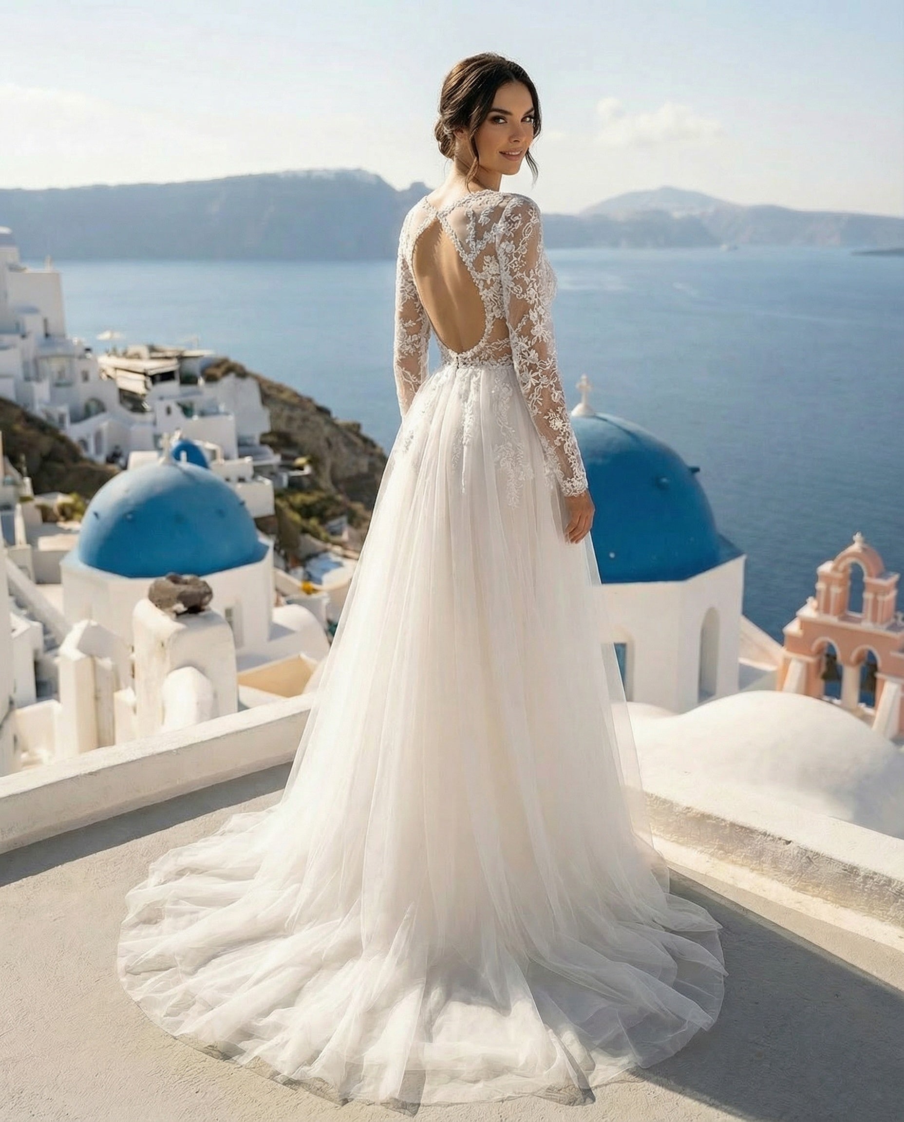 Bohemian Long Sleeve V-neck Lace and Tulle A-line Wedding Dress