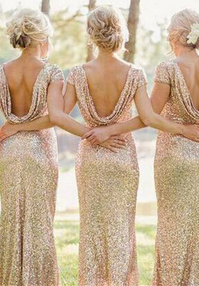 Vestido de dama de honor de lentejuelas modernas de bajo vhalope de manga corta Bateau